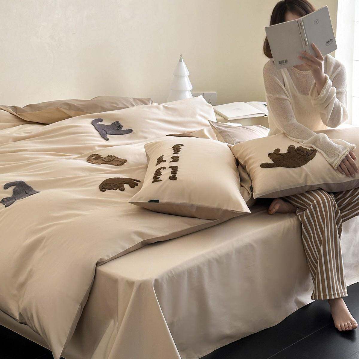 卡通猫咪毛巾绣纯棉四件套 100支长绒棉贡缎单人学生全棉被套床品