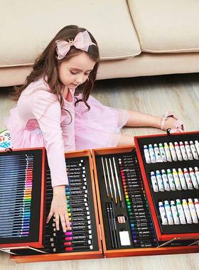 驰远174pcs小学生彩印水彩笔绘画套装画笔蜡笔木盒颜料画彩笔套装