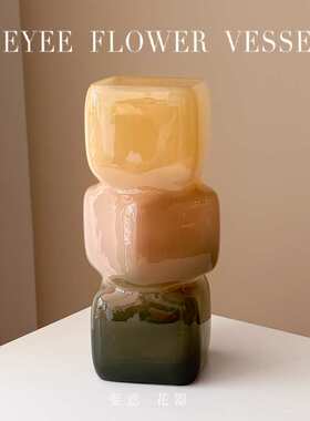 小众设计感琉璃方口花瓶水养鲜花绿色玻璃花器摆件一件代发