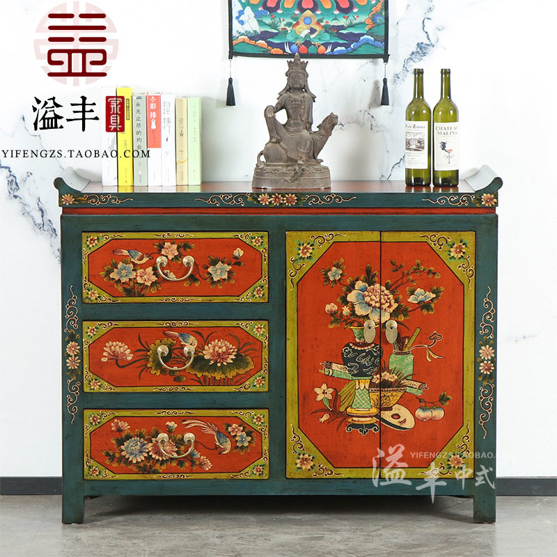 新中式鞋柜彩绘做旧乡村玄关柜翘头餐边柜储物柜装饰柜门厅边柜