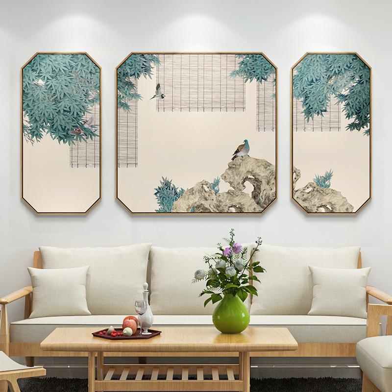 新中式沙发背景墙三联装饰画日式和风客厅鹤花鸟挂画禅意茶室壁画