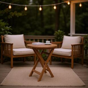 侘寂风可折叠圆桌子实木桌阳台北美柚木美式复古咖啡桌椅边几