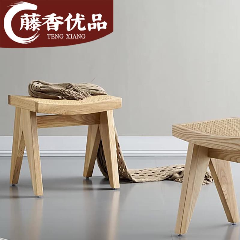 北欧实木藤编方凳长条凳客厅餐厅民宿家用换鞋凳床位中古小长凳