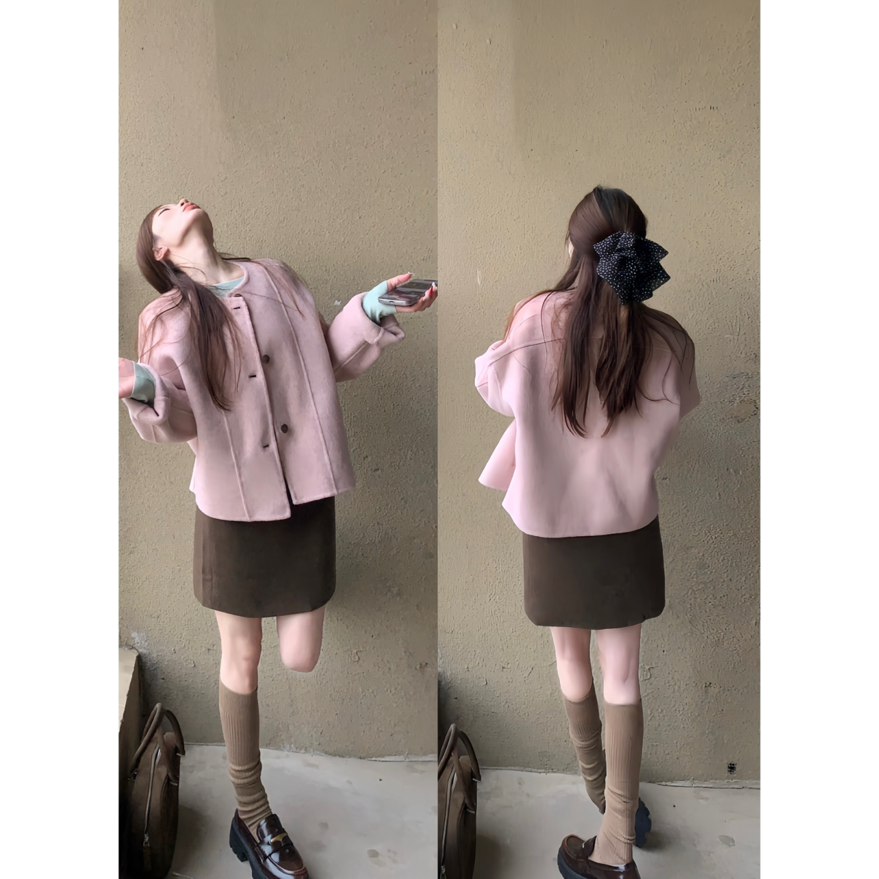 简约粉色圆领毛呢外套氛围感减龄毛呢外套
