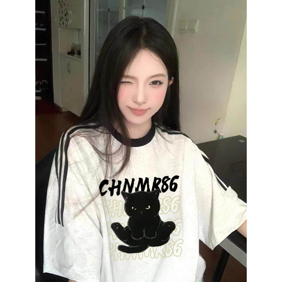 夏季亚麻宽松字母猫咪短袖T恤女