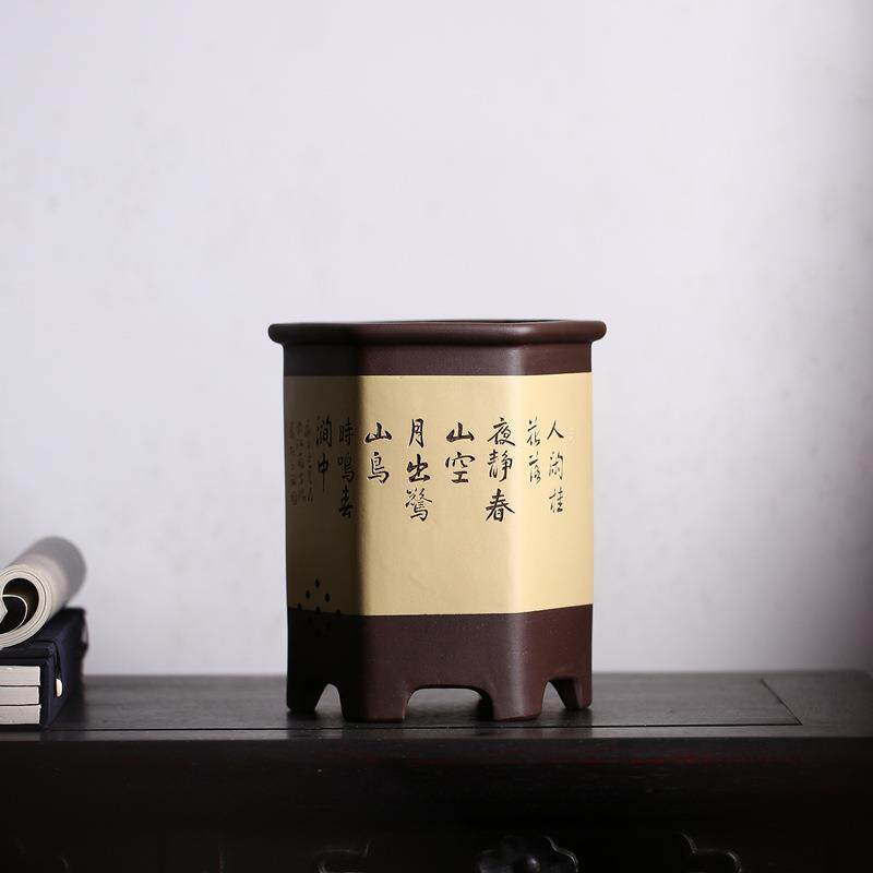 紫砂兰花盆名家蒯多辉款六角形六方形通转山水手工盆景盆觅陶乡
