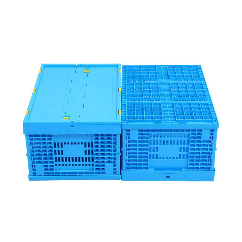 600-280加厚带盖塑胶折叠筐PP蓝色折叠蔬菜周转框塑料可折叠筐子