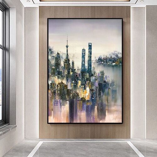 手绘油画玄关背景墙城市夜景东方明珠抽象装饰画现代餐厅客厅挂画