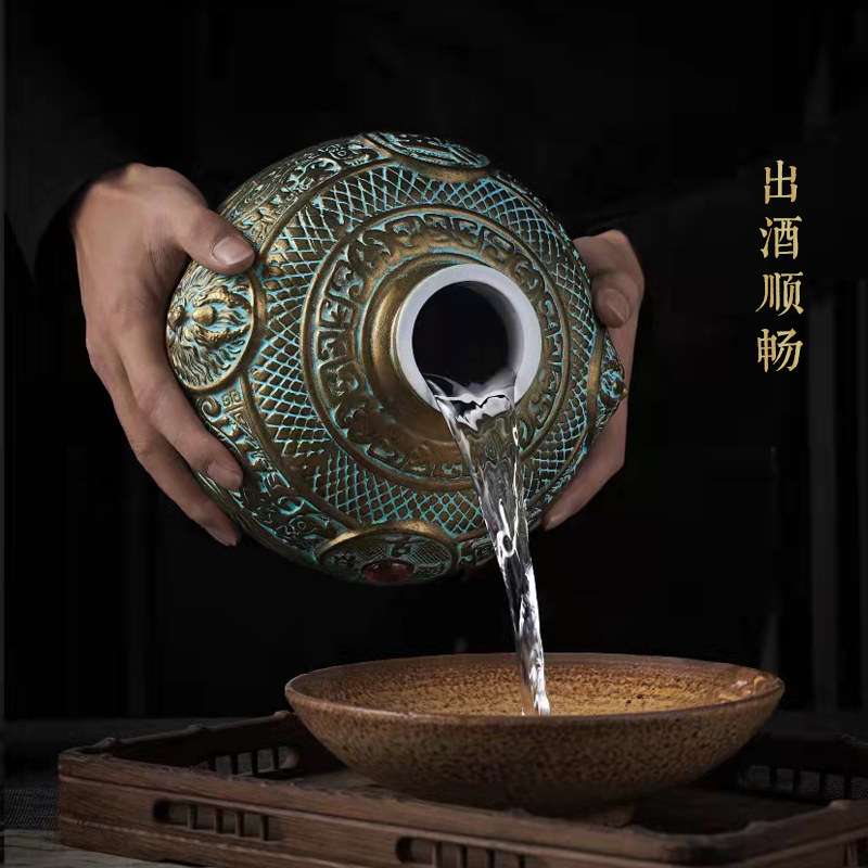 仿古青铜色古法双耳陶瓷泡酒坛子存酒家用6斤空酒瓶密封高端摆件