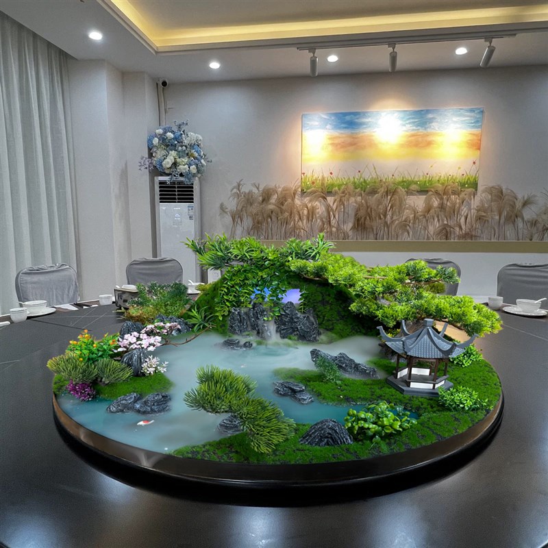 观店餐桌转盘中间摆花喷桌雾化流水景酒饭店大圆雾桌芯摆件盆景