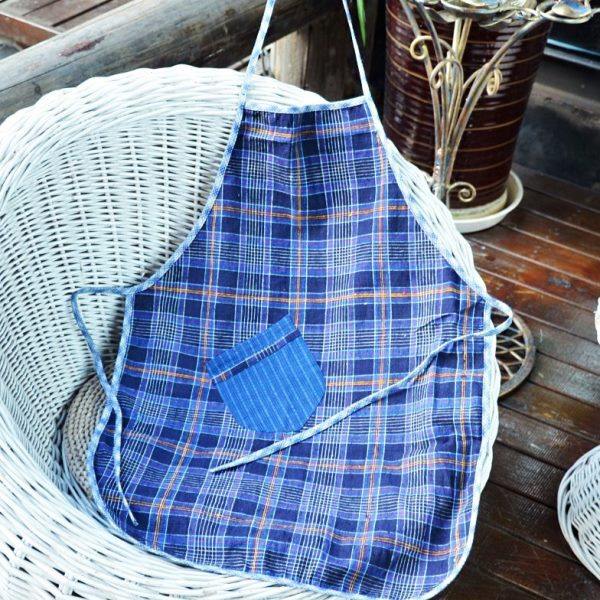 丹凤创意上海手织布土布复古缝围裙防水仿污厨房围腰格子工作制服