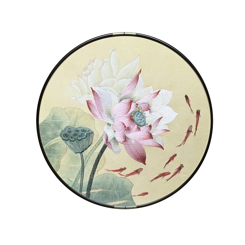 入新玄关织锦绣装饰画刺绣挂画荷花鱼图案户中式走廊道过苏绣框画