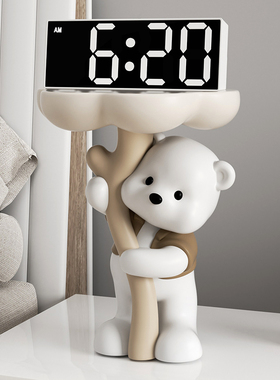 奶油风捧花熊时钟摆件客厅玄关装饰桌面置物架高端大气上档次