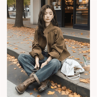 通勤风短款立领绑带显瘦夹克女