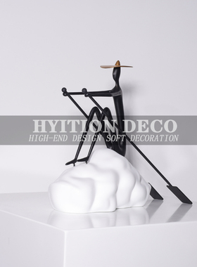 新中式创意划船人物雕塑摆件样房客厅茶几卧室书房隔断软装饰品