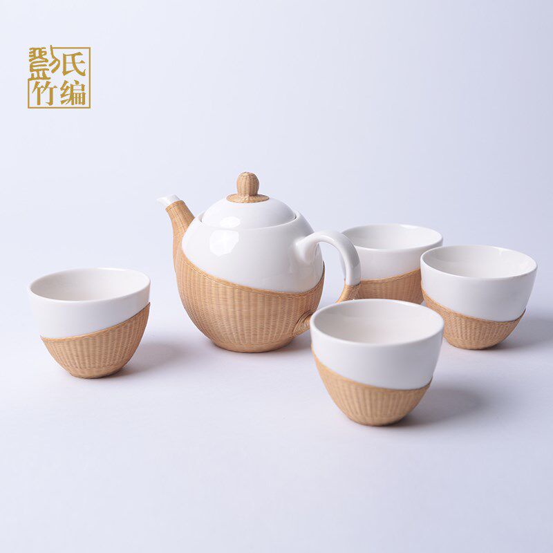竹丝扣瓷纯手工美人肩白瓷家用茶具一壶四杯套装特色礼品