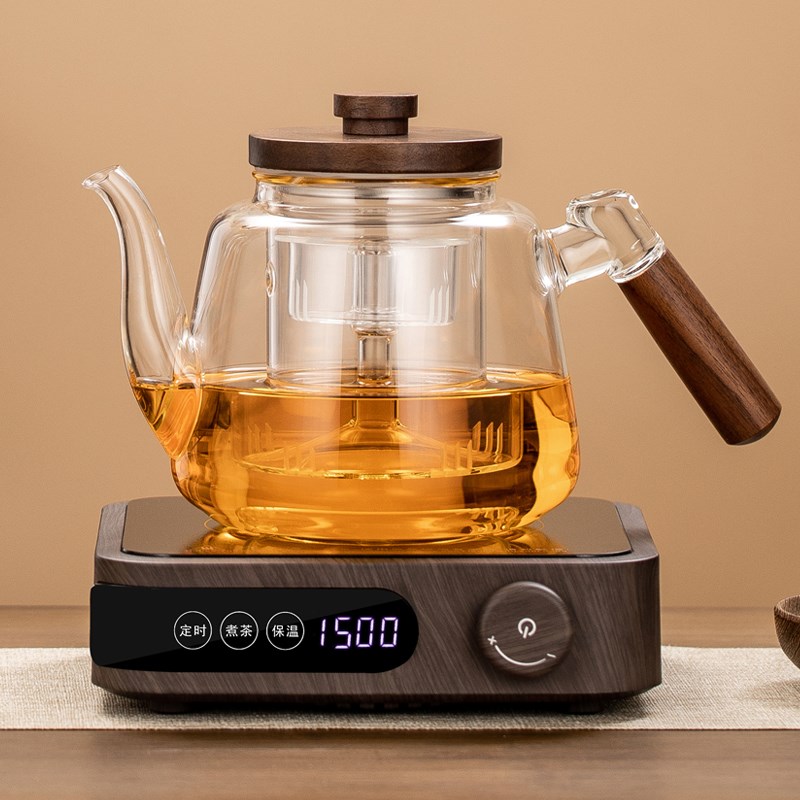 加厚耐高温高硼硅玻璃茶壶胡桃木侧把蒸煮茶器电陶炉套装家用套装