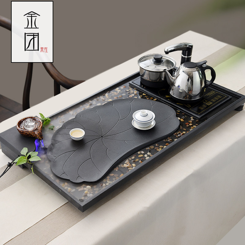 金团乌金石茶盘家用全自动雾化流水器一体石头茶台煮水原石材茶海