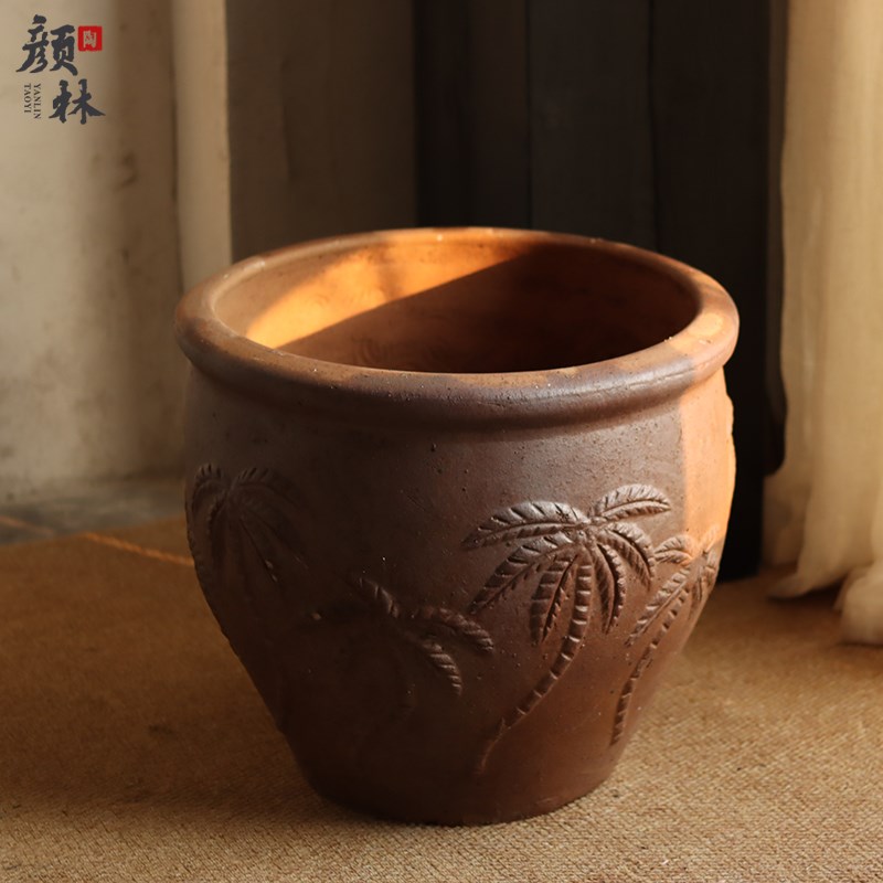 浮雕椰子装花盆粗陶落地陶盆庭院景观种树宿盆民大商场树饰绿植盆