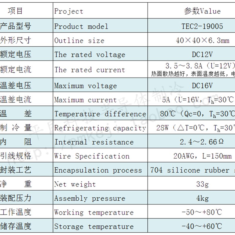4040两层温致半导体电子差冷组件TEC2-190片52级制冷028瓦