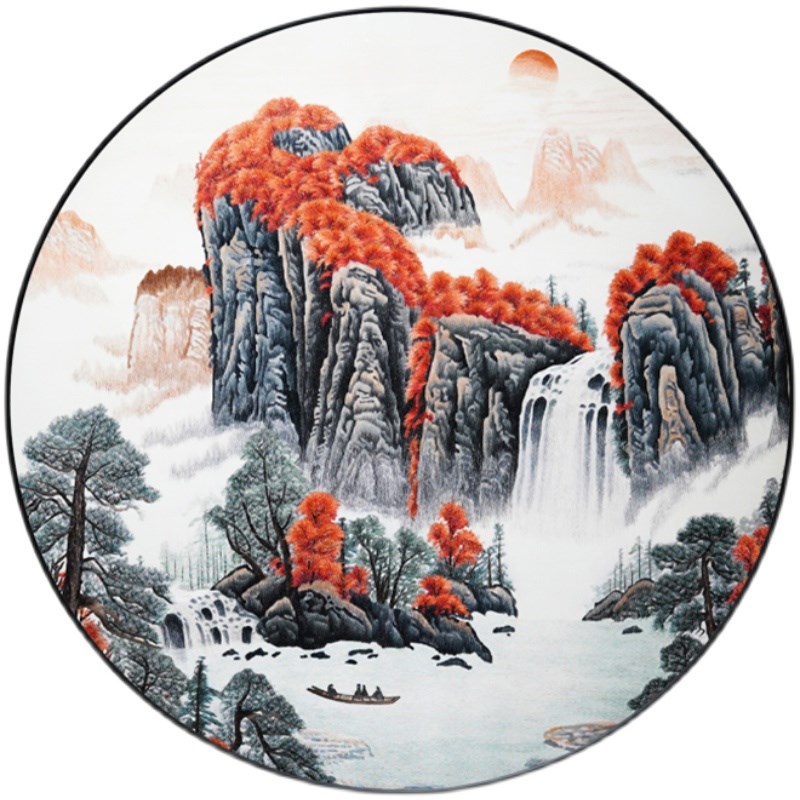 国画鸿运当头圆形纯手工刺绣客厅玄关苏绣成品挂画风景实木装饰画