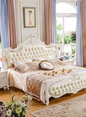 新款欧式全实木床1.8米主卧床婚床米白色可定高箱床蓝色香槟色