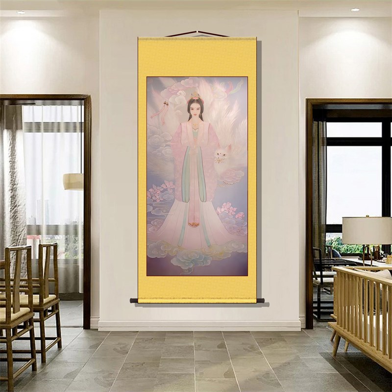 狐堂紫色九画狐尾像卷轴中狸挂画胡家东北出马客厅堂口供奉装饰画