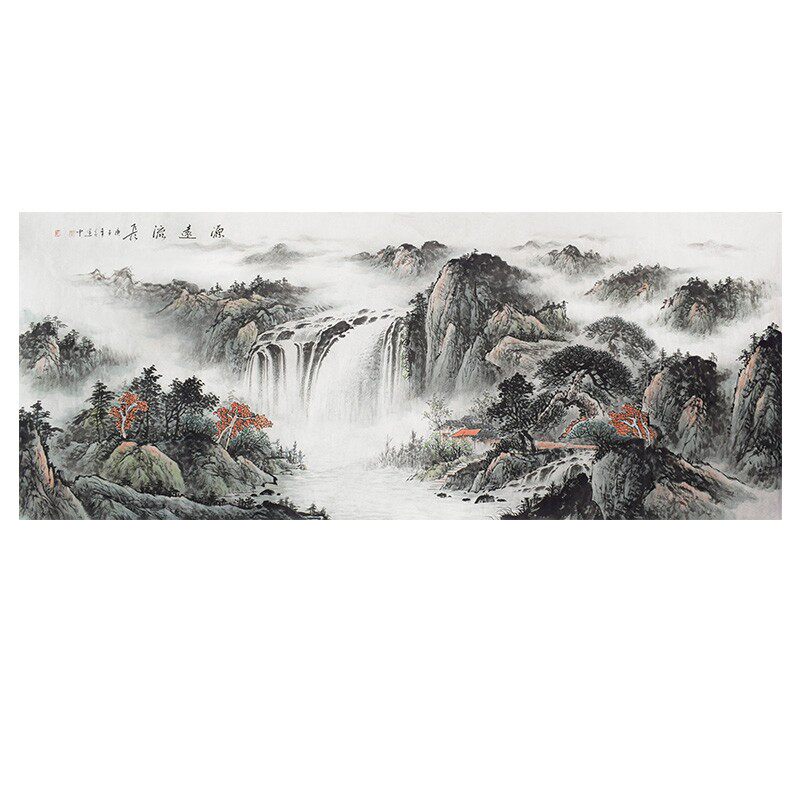 纯手绘源远流长水墨写意八尺山水画大气横版客厅办公室装饰画挂画