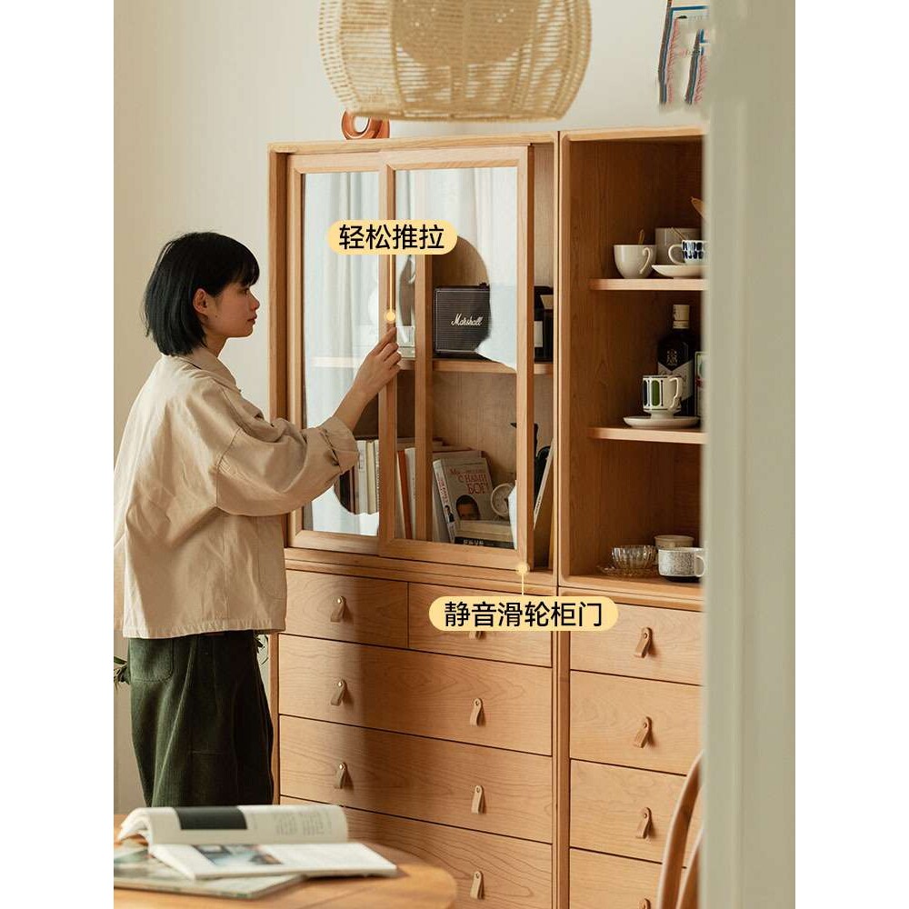 北欧实木书柜 家用靠墙多功能玻璃茶水柜卧室书房落地储物组合柜