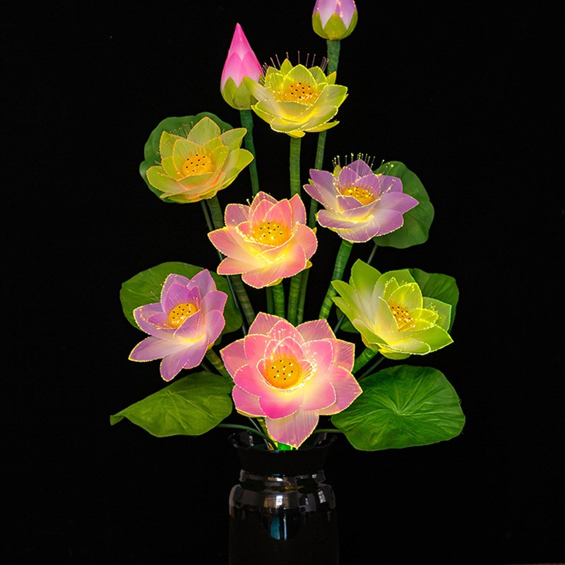 佛前花供奉光纤LED九品莲花佛灯供灯七彩变花荷光感应灯盆景夜灯