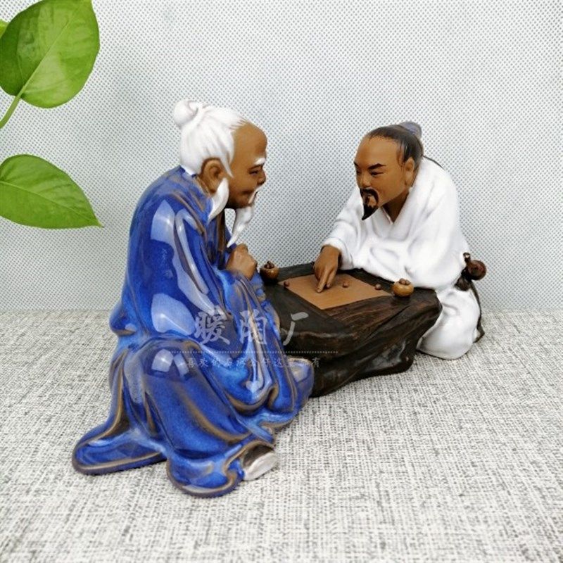 陶瓷人物仙人对弈下棋围棋假山盆景鱼池装饰书房桌面摆件