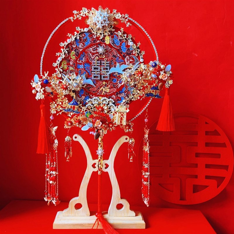 呦依新款料扇成品双面双圈喜扇diy秀团包新娘结婚龙凤材禾服捧花