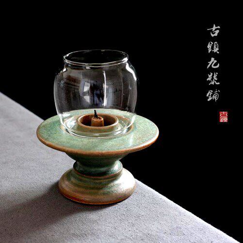 手作陶瓷油灯复古烛台中式玻璃灯罩煤油灯酥油灯座茶道茶空间摆件
