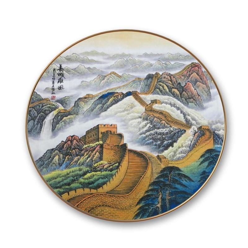 手绘真迹形圆水山画万里长城画靠山图客厅办公室装饰壁画玄关挂画