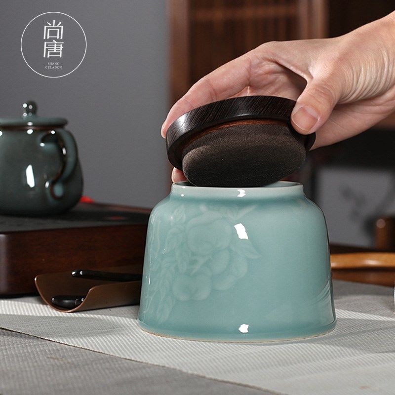 青瓷茶叶罐中式优质茶罐茶仓龙泉陶瓷功夫茶具木盖密封罐家用散茶