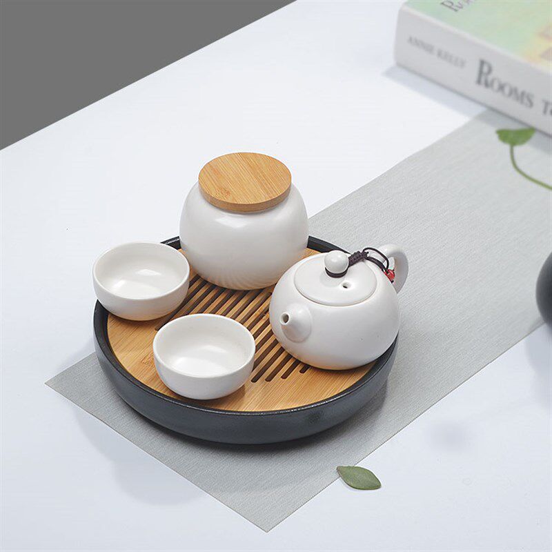 圆形陶瓷茶盘茶具套装一壶两杯茶叶罐便携式单人茶托蓄水手抓快客