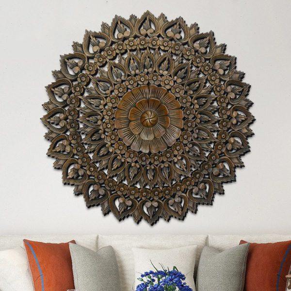 东南亚柚木雕花板壁饰 新中式墙上装饰品客厅墙饰圆形挂件墙壁挂