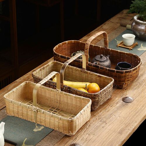 竹编提篮古风大漆茶点篮复古手提篮竹篮子便携野餐篮水果篮收纳筐