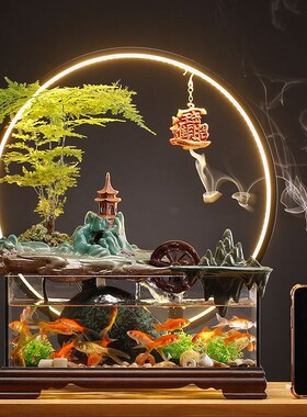 办财假泉流水喷山摆件创意鱼缸生财循环水招公室桌面乔迁开业礼品