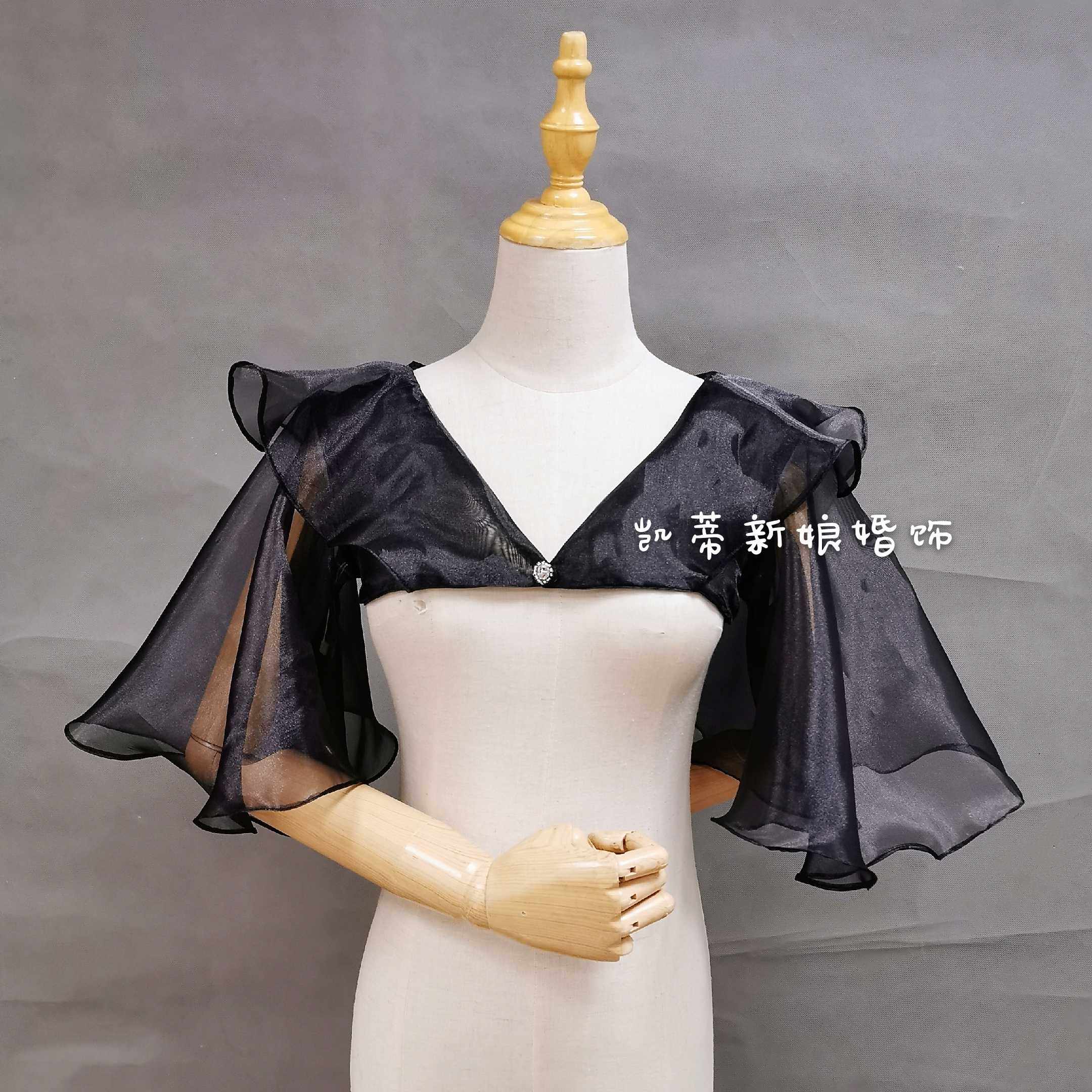 新款婚纱礼披服饰黑色大喇叭袖高端版型设计欧根纱配肩有白色