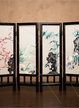 苏绣摆件中式客厅桌面装双屏风手工刺绣饰面绣四条屏国艺工风礼品