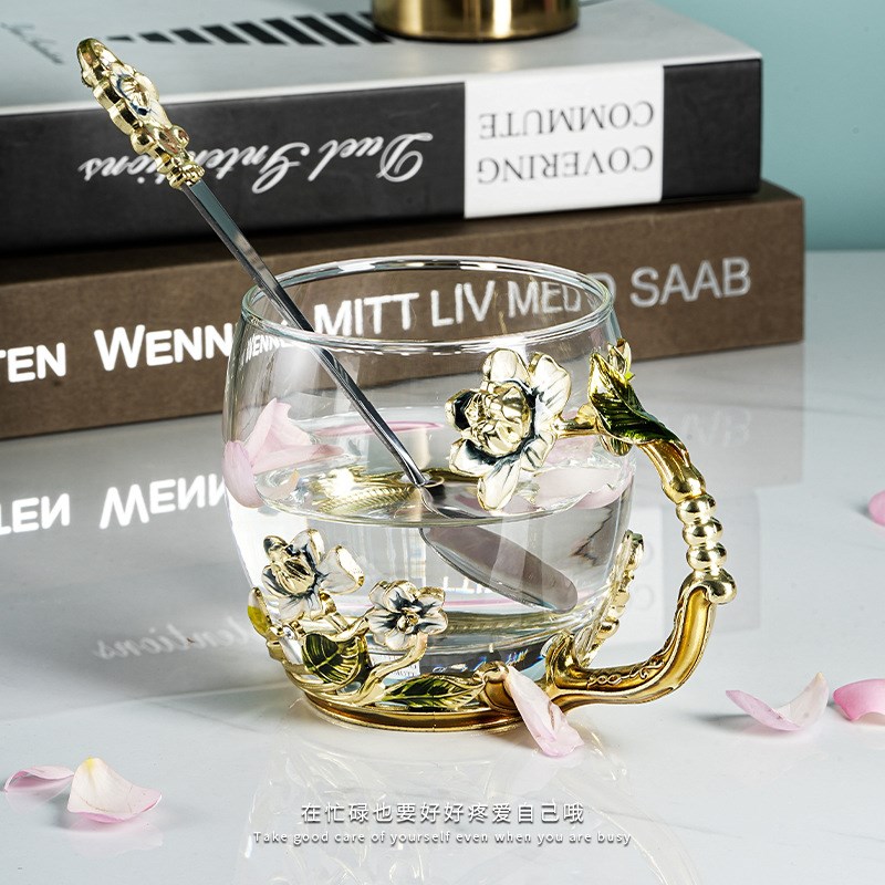 珐琅彩水杯耐热玻璃杯花茶杯茉莉花家用杯子套装创意新款咖啡杯