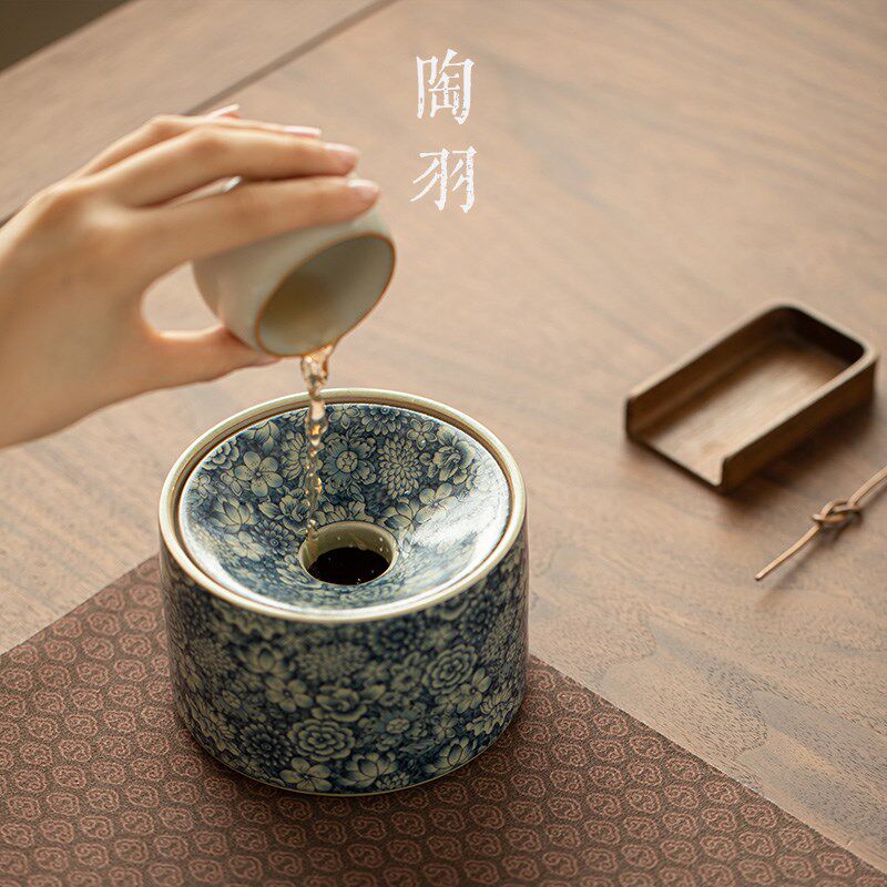 仿汝宋窑青花繁花茶灰缸烟渣缸带盖防灰建水水盂陶瓷功夫茶道配件