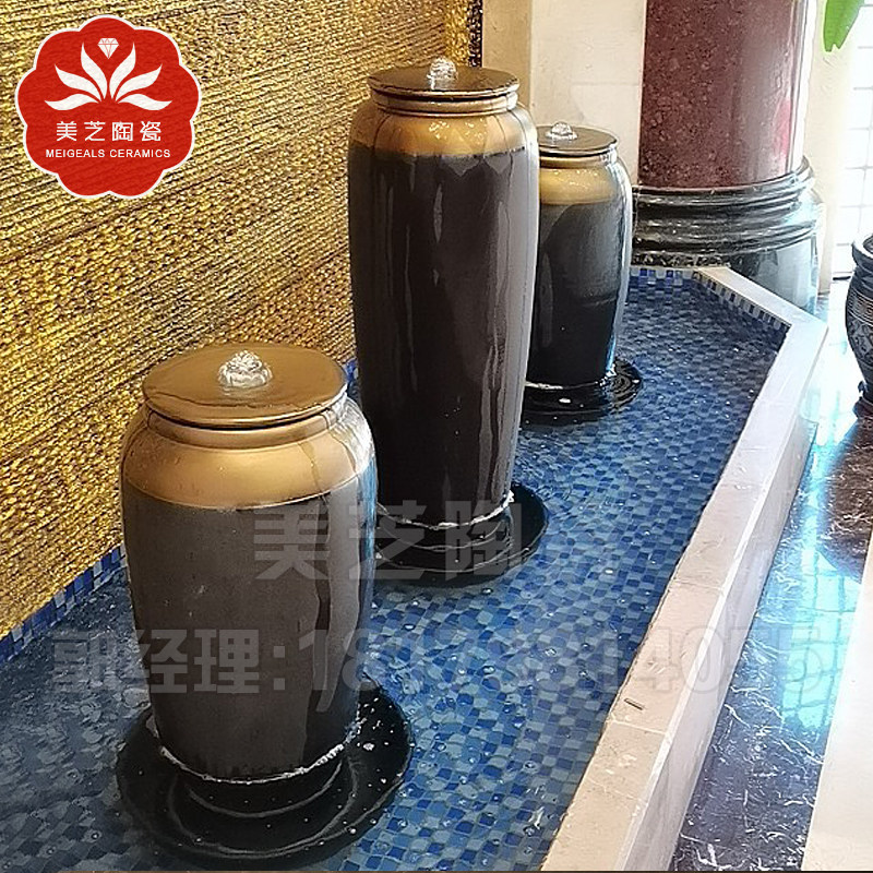 欧式鱼华冒水坛子摆件金色陶瓷水环流水大花瓶喷泉陶罐奢缸储循器
