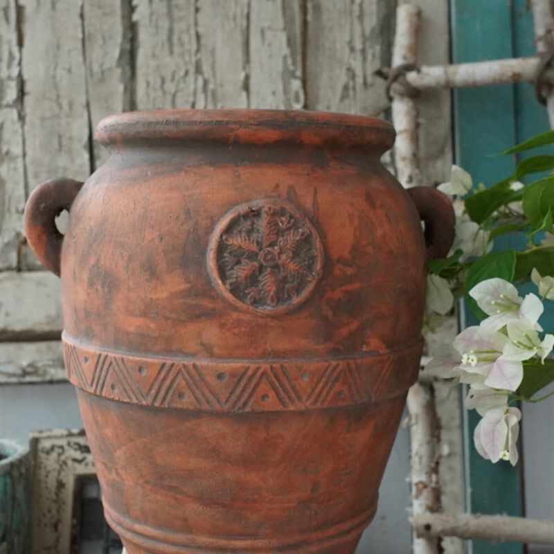 花盆手压红陶做旧复古双耳雪花罐子 手工粗陶透气透水大号