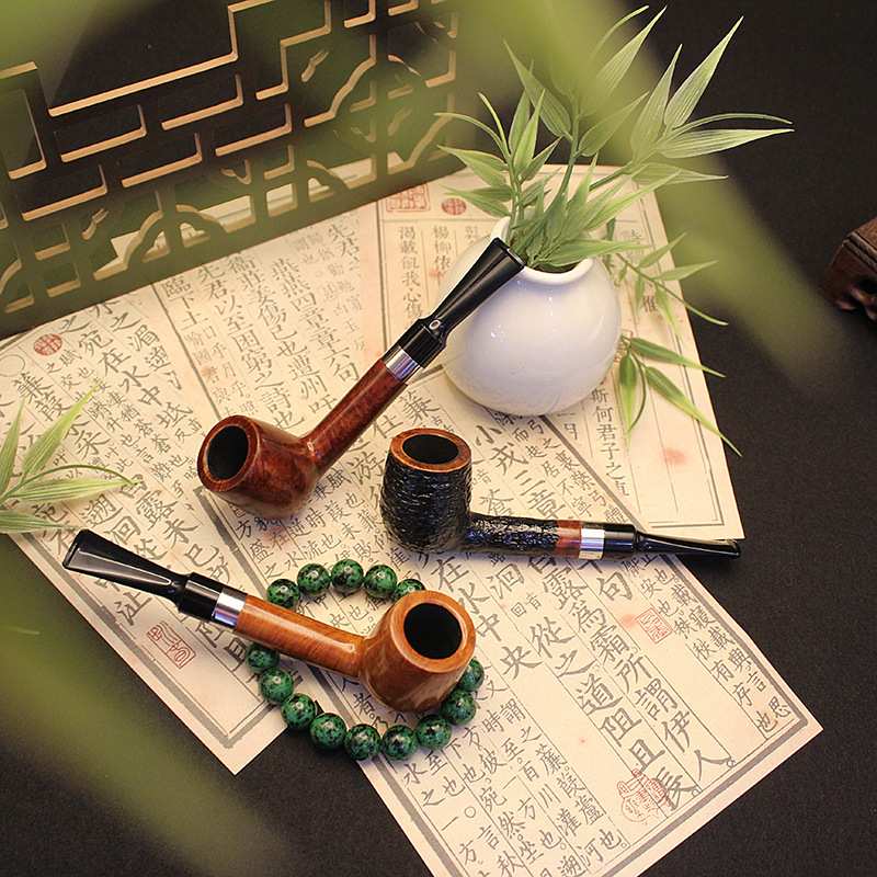 木香手工石楠木烟斗加钢圈直长腿实木烟具长滤嘴便携老式烟袋