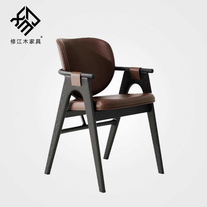 中古新款古典设计师实木餐椅书桌椅靠背扶手椅酒店样板间皮艺椅子
