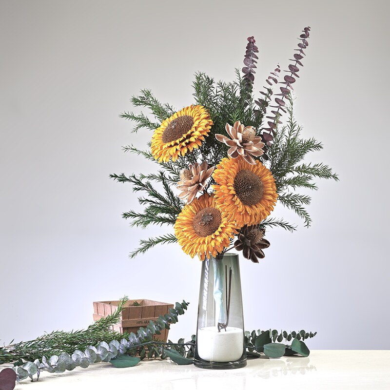 永生花混搭花客手工向日葵瓶真花干花花束束厅摆设带花仿装饰摆件
