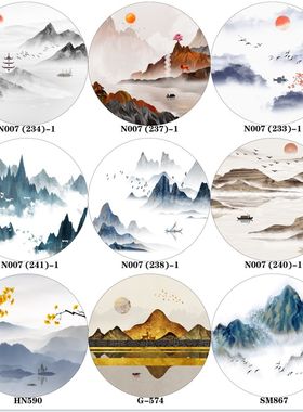 定制双面圆形半透明纱画中式屏风画布定制乔其纱布山水水墨装饰画
