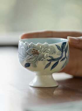 青己手绘仿宋高足主人杯功夫茶具家用茶杯雕刻立体品茗杯文人单杯